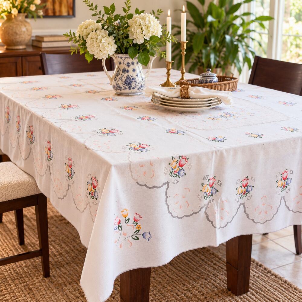 Made in Spain Floral Tablecloth 71x82 Tulip Scalloped Print European